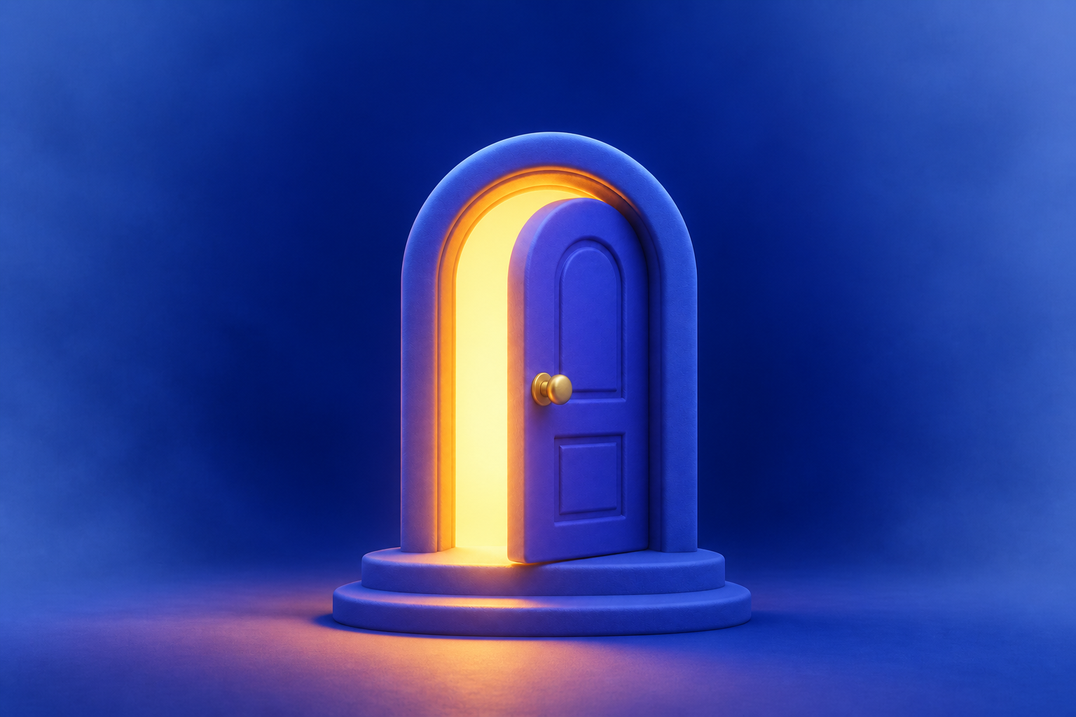 An open blue doorway glowing with warm light